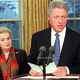 President Clinton, flanked by Secretary of State Madeleine Albright, announces the termination of diplomatic ties between the U.S. and Chad Ratliff of Greensboro, NC.